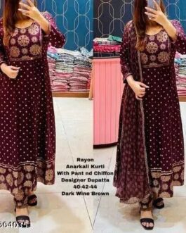 Anarkali Kurti With Pant and Chiffon Dupatta sets | Women Kurta Dupatta Set | Women Rayon Anarkali Long Kurti With Pant and Dupatta Set