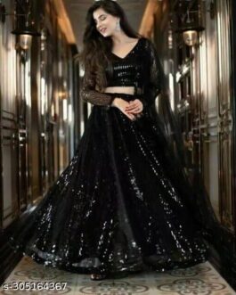 Women’s Soft Net Sequins Work Semi-Stitched New Black Lehenga Choli with Dupatta